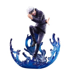 Figure do Gojo em pose de ação sobre base de respingos azuis