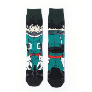 Par de meias de cano alto do Deku, de My Hero Academia, com o personagem de frente e de costas
