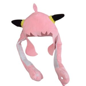 Gorro de pelúcia rosa da Anya Forger, Spy x Family, visto de frente com as abas abertas