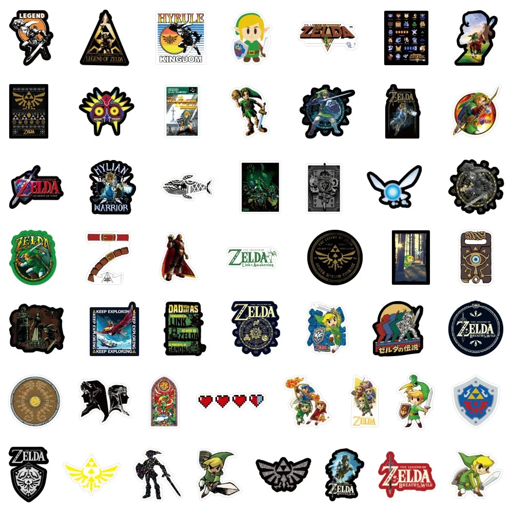 Cartela com 50 adesivos de Zelda, com Link, Triforce, Olho Sheikah e logos da série