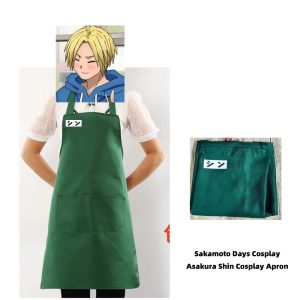 Avental verde do Shin Asakura, de Sakamoto Days, vestido, com a etiqueta do nome