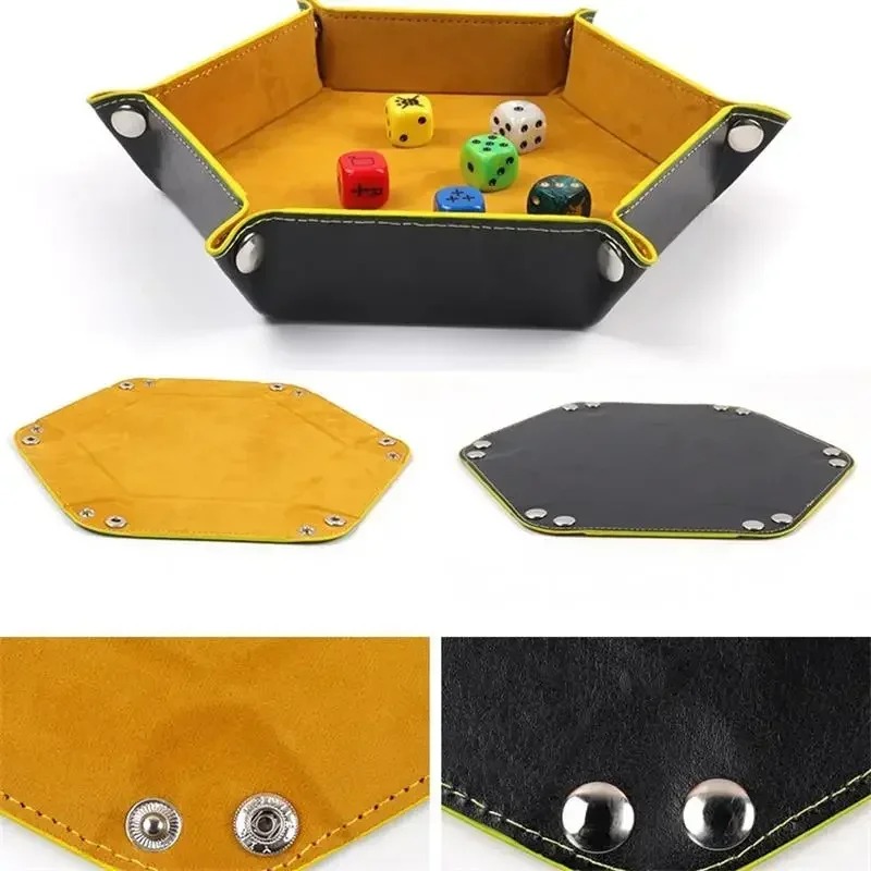 Bandeja de dados preta e amarela com fechos de metal e dados dentro