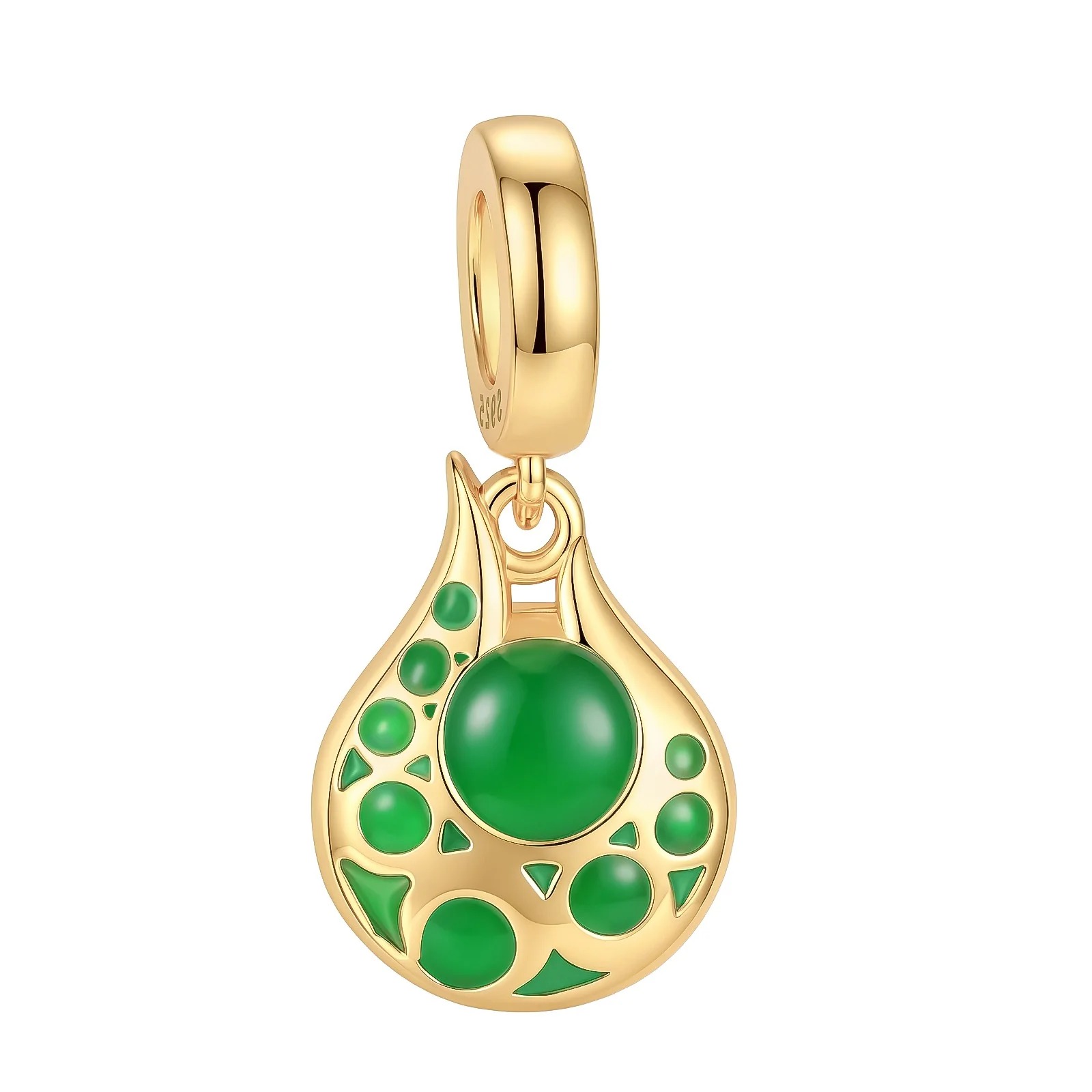 Berloque dourado em gota com esmalte verde, inspirado no Recipiente de Stamina de Zelda
