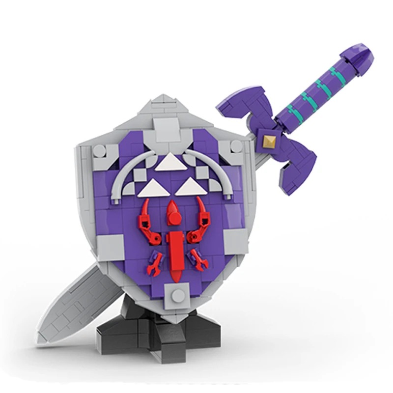 Escudo roxo com símbolos de Zelda e espada roxa em blocos, apoiados numa base cinza