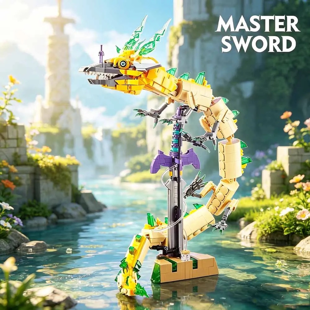 Escultura em blocos da Espada Mestra com dragão enrolado, de The Legend of Zelda, num cenário de rio