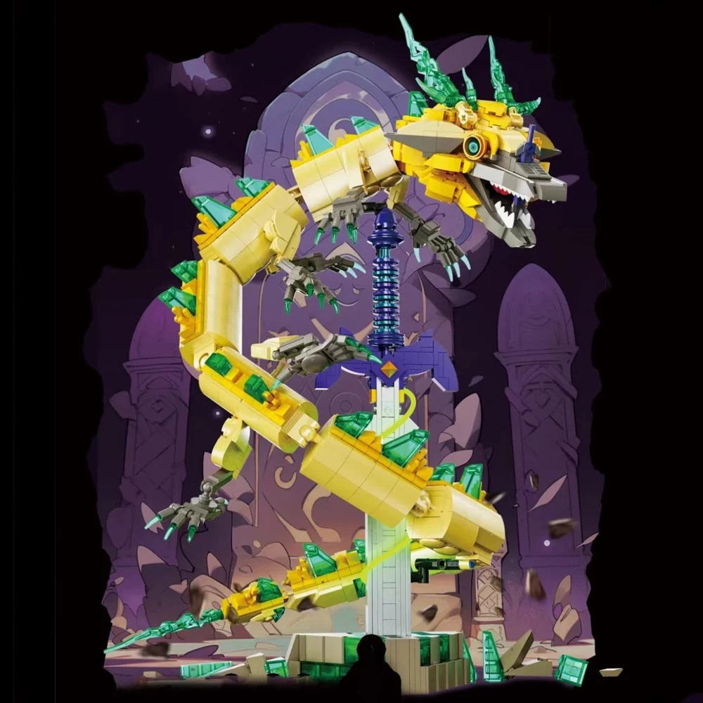 Dragão e Espada Mestra de blocos de Zelda sobre fundo roxo escuro