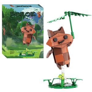 Korok marrom em blocos, com folha na mão e ao lado da caixa, de Zelda Breath of the Wild