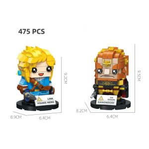 Link e Ganondorf de cabeça grande montados com blocos, cada um em sua base, The Legend of Zelda