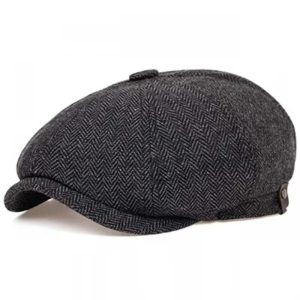 Boina newsboy cinza em espinha de peixe estilo Peaky Blinders sobre fundo branco