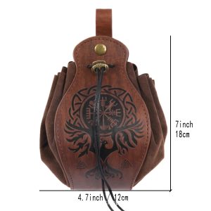 Bolsa marrom de dados de RPG com gravação nórdica Vegvisir, cordão e alça, de 18 x 12 cm