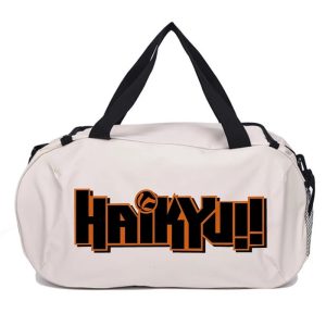 Bolsa bege com alças pretas e o logo de Haikyuu!! em preto e laranja na frente