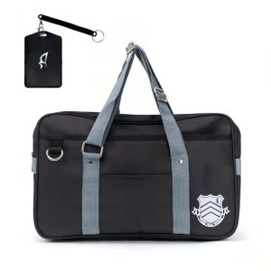 Bolsa preta da Shujin, Persona 5, com alças cinza, brasão bordado e porta-cartão