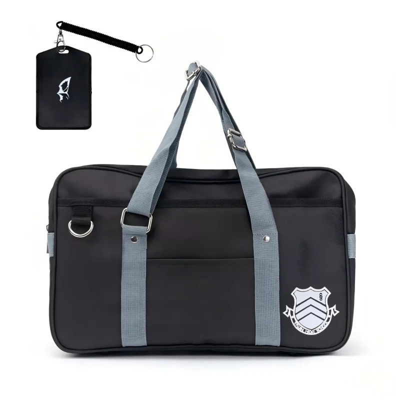 Bolsa preta da Shujin, Persona 5, com alças cinza, brasão bordado e porta-cartão
