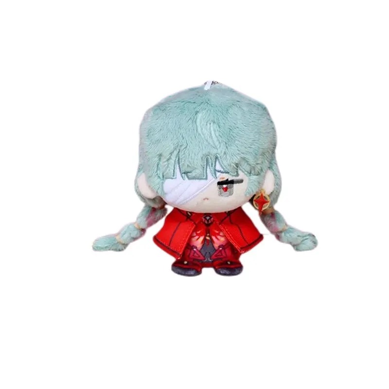 Phrolova, de Wuthering Waves, em boneco de pelúcia sentado com tranças azul-claras e capa vermelha