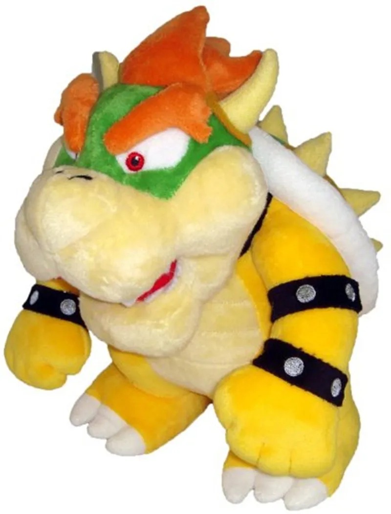 Bowser de pelúcia de lado, mostrando o casco de espinhos e os chifres