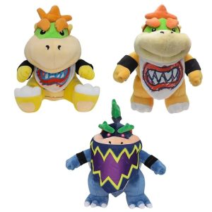 Duas pelúcias do Bowser Jr e um dragão azul de detalhes roxos