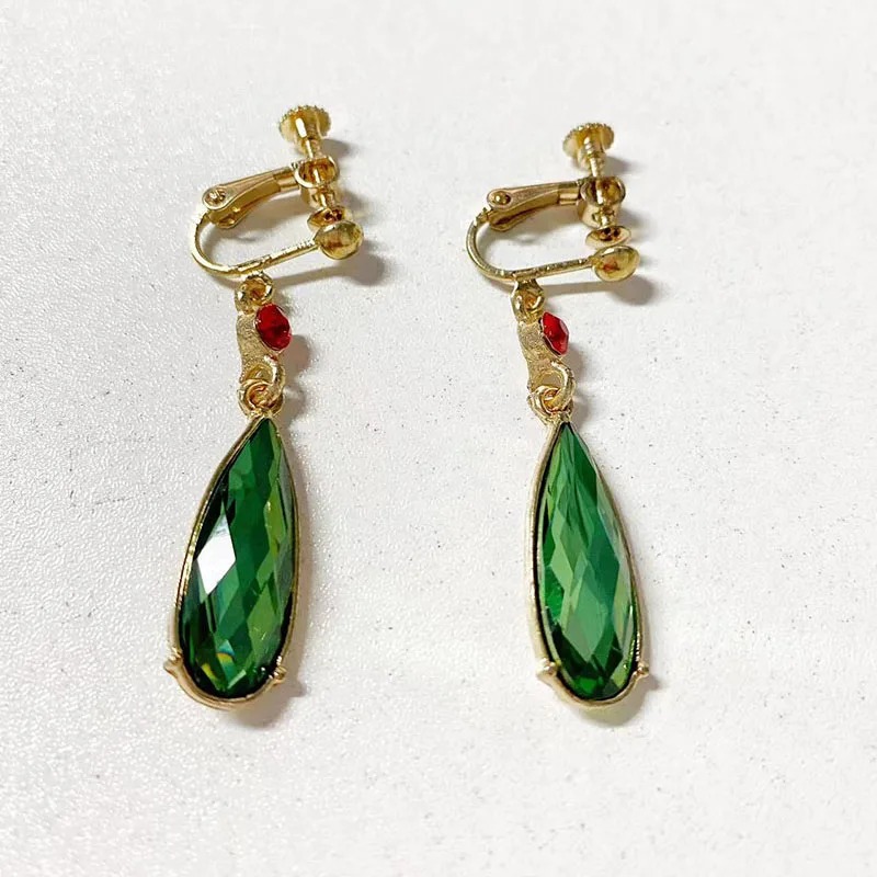 Par de brincos de clipe com gota verde e detalhe vermelho, inspirado no Howl