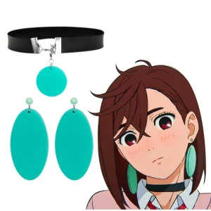 Brincos ovais verde-água e gargantilha da Momo Ayase, em Dandadan