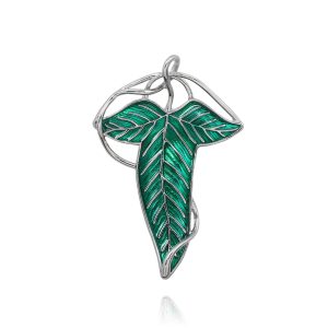 Broche da folha de Lórien em esmalte verde com contorno prateado