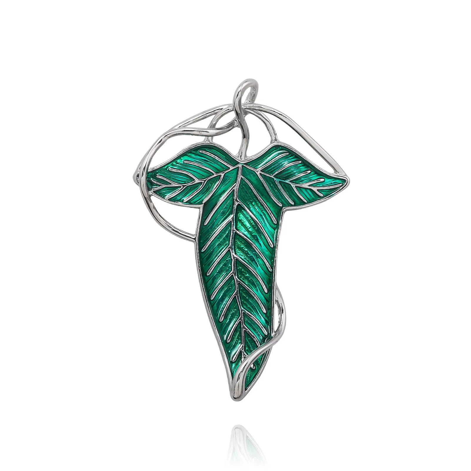 Broche da folha de Lórien em esmalte verde com contorno prateado