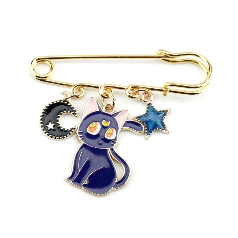 Broche do gato Luna esmaltado, com lua preta e estrela azul num alfinete dourado