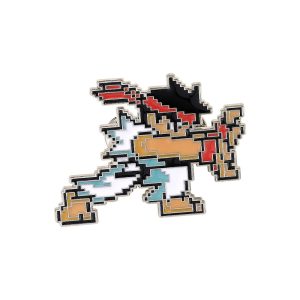 Broche de esmalte do Ryu, de Street Fighter, em pixel art na pose de golpe