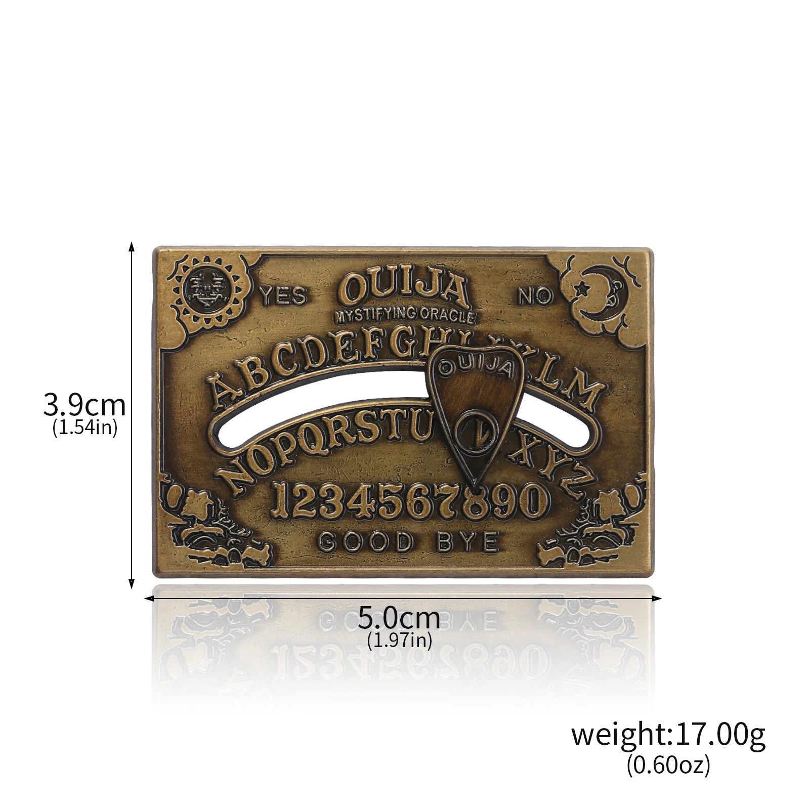 Broche Ouija bronze com as medidas de 5,0 por 3,9 centímetros e 17 gramas