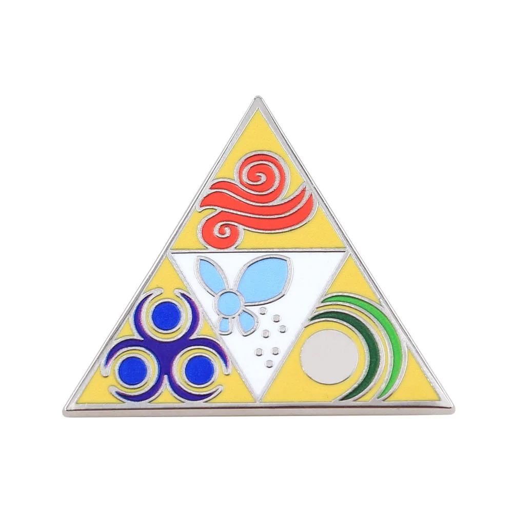 Broche triangular da Triforce com os símbolos dos quatro elementos, de Zelda Majora's Mask