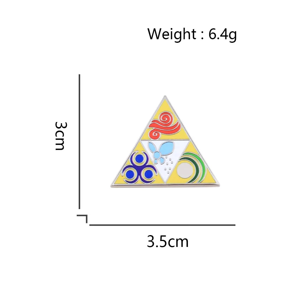 Broche Triforce de Zelda com as medidas de 3 por 3,5 cm e o peso de 6,4 g