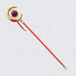 Cajado da Frieren com argola dourada, orbe vermelho e haste vermelha