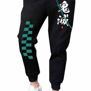 Calça de moletom preta de Demon Slayer com estampa xadrez verde e ideogramas brancos
