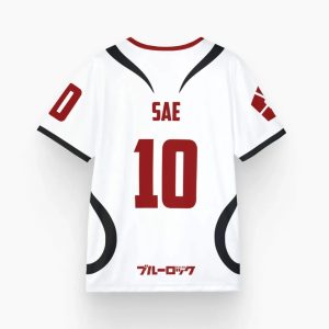 Costas da camisa branca de Blue Lock com o nome Sae e o 10 em vermelho, estilo Japão U-20
