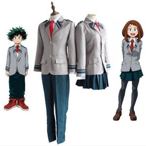 Uniformes da U.A., de My Hero Academia, masculino e feminino, com blazer cinza e gravata vermelha
