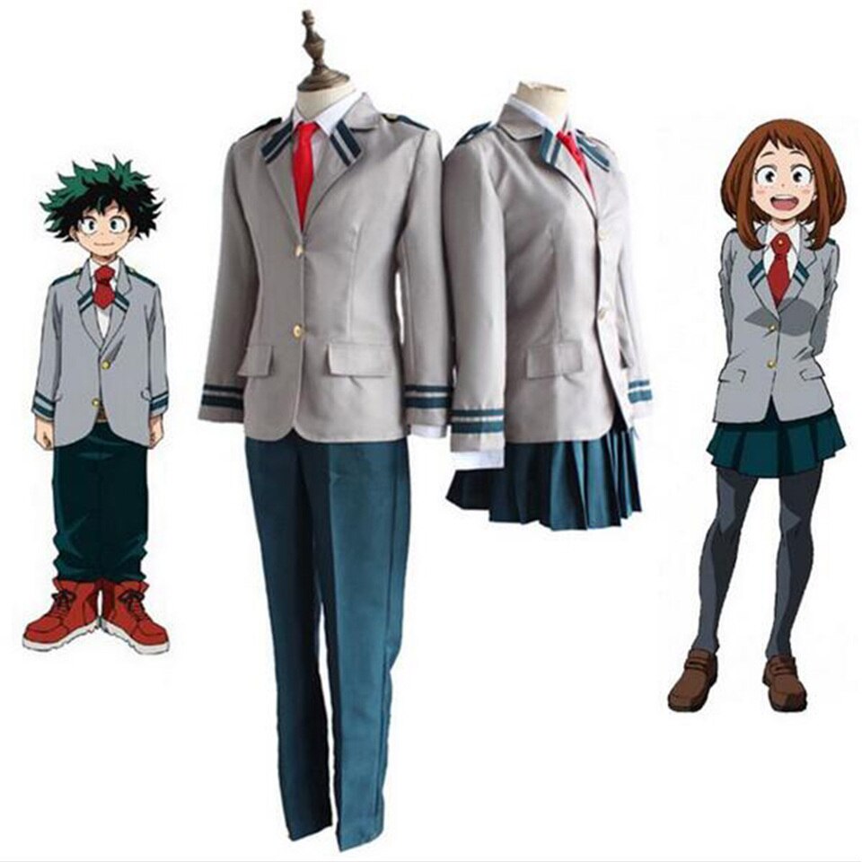 Uniformes da U.A., de My Hero Academia, masculino e feminino, com blazer cinza e gravata vermelha