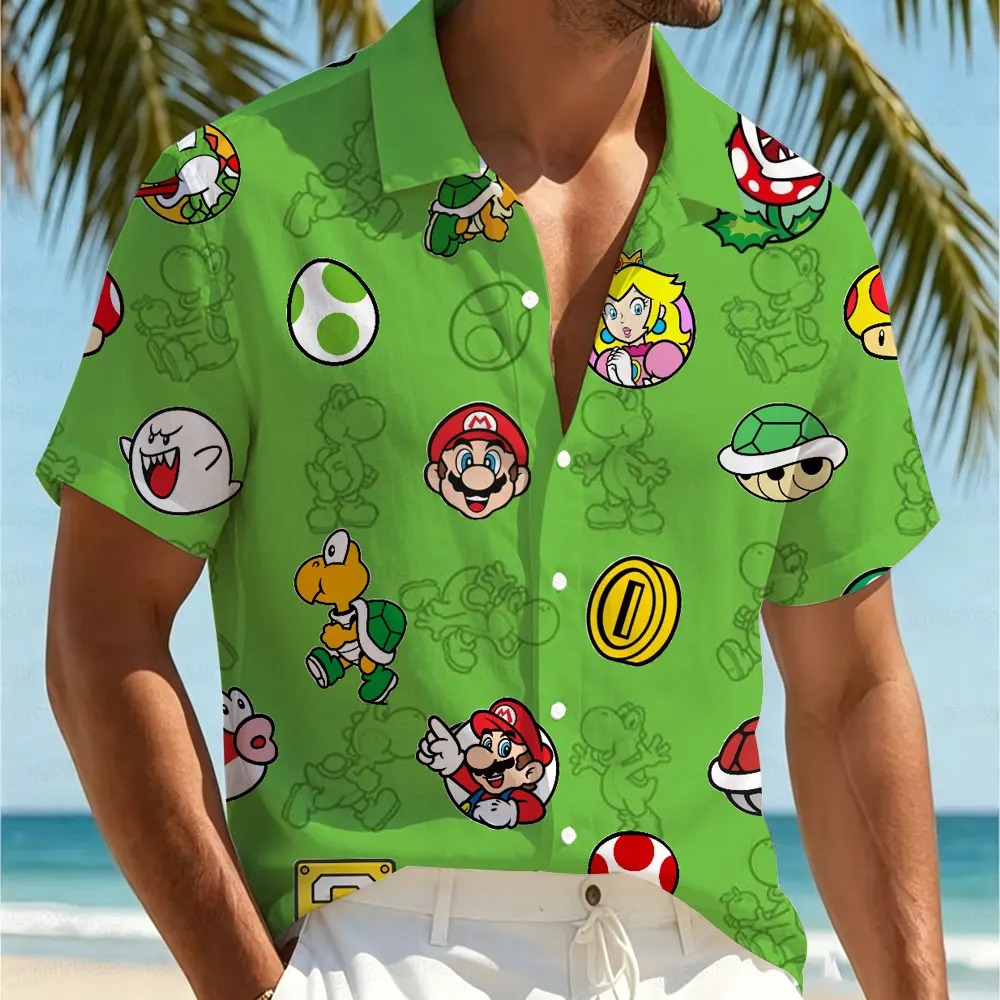 Camisa havaiana verde com Mario, Peach, Yoshi, cascos e moedas, estampa total de Super Mario