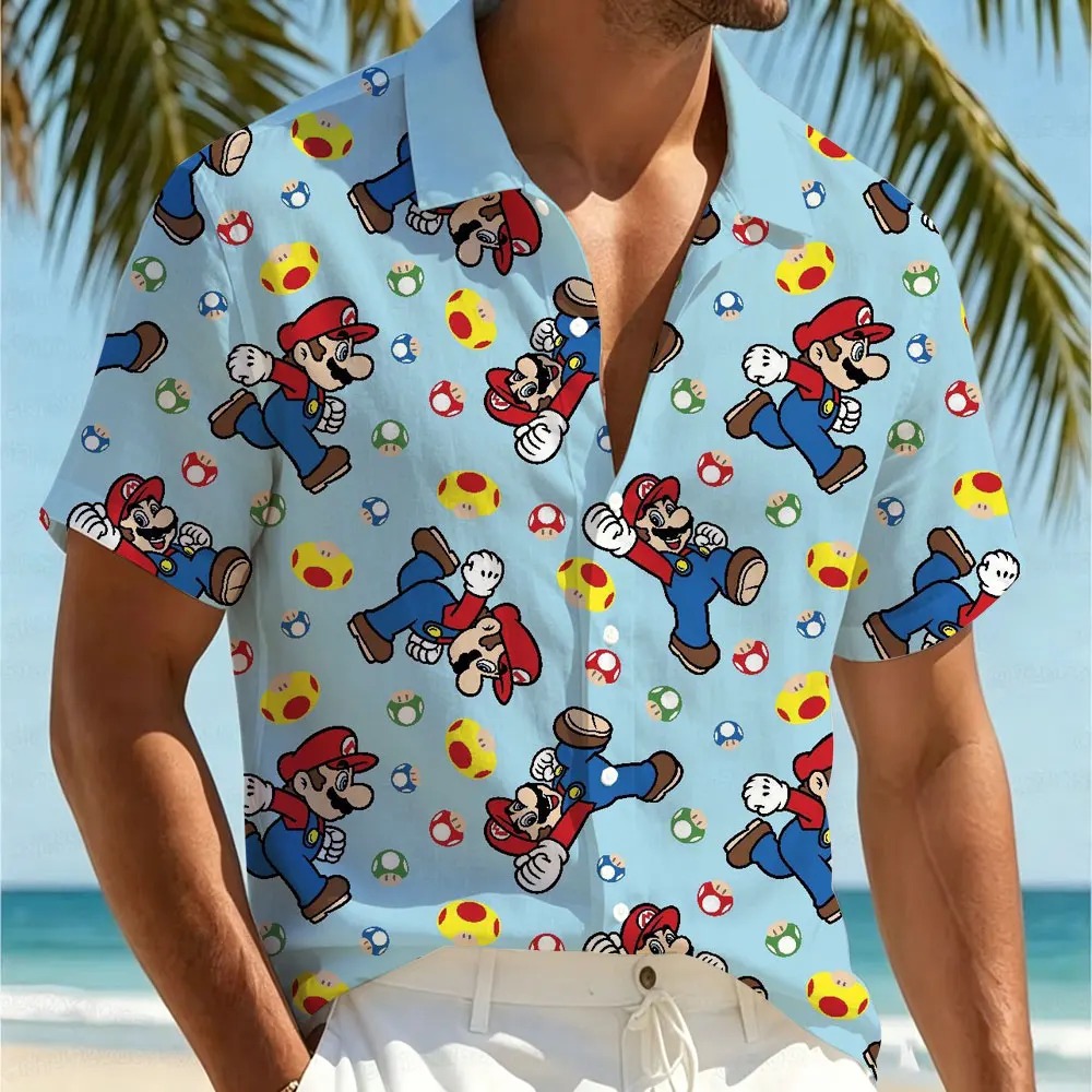 Camisa havaiana azul-clara com Mario pulando e cogumelos, de Super Mario