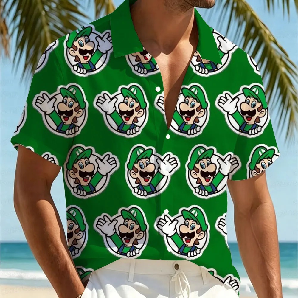 Camisa havaiana verde escura com o rosto do Luigi repetido, de Super Mario