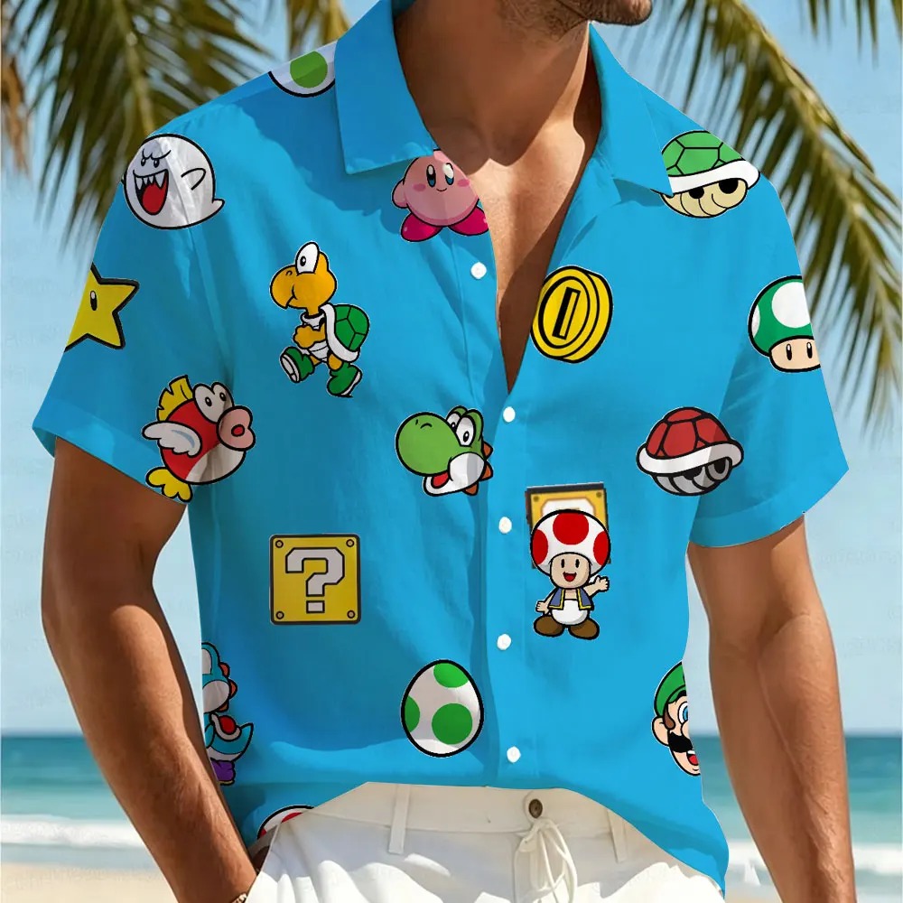 Camisa havaiana azul com Yoshi, Toad, blocos de interrogação e moedas