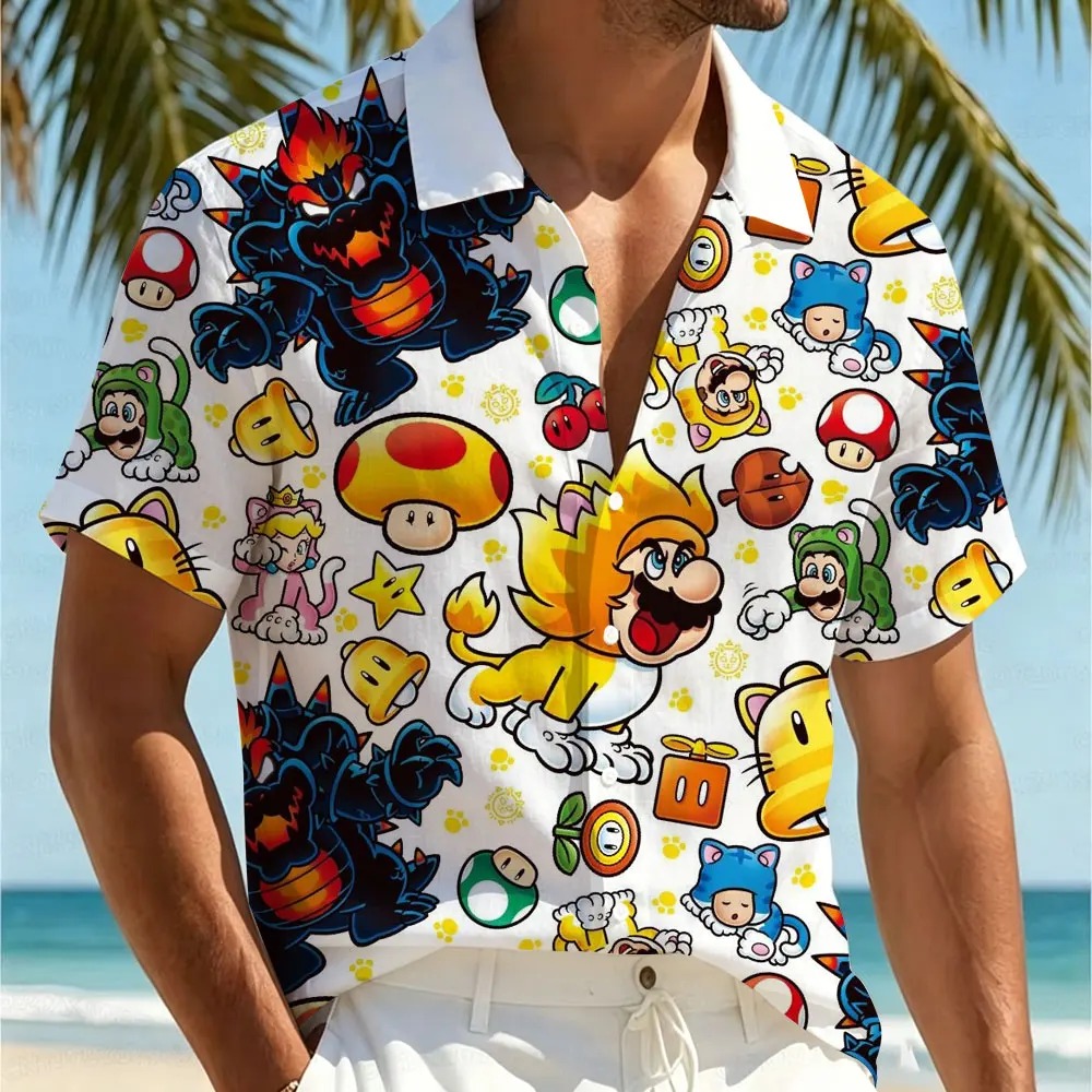 Camisa havaiana branca com vários personagens e itens de Super Mario
