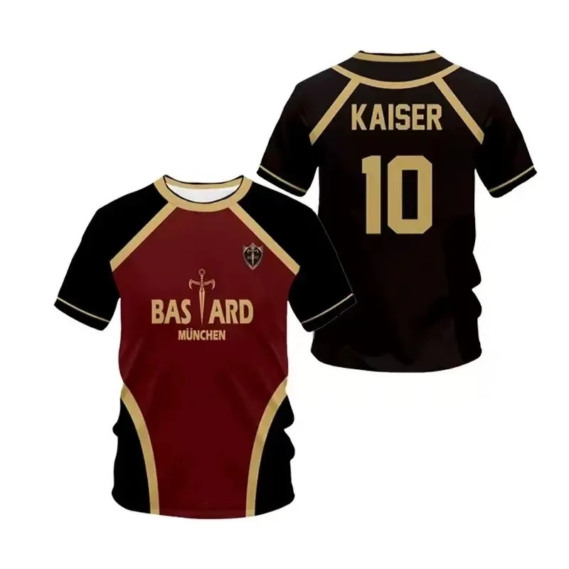 Camisa do Bastard München do Michael Kaiser, de Blue Lock, vinho com mangas pretas e o 10 dourado nas costas