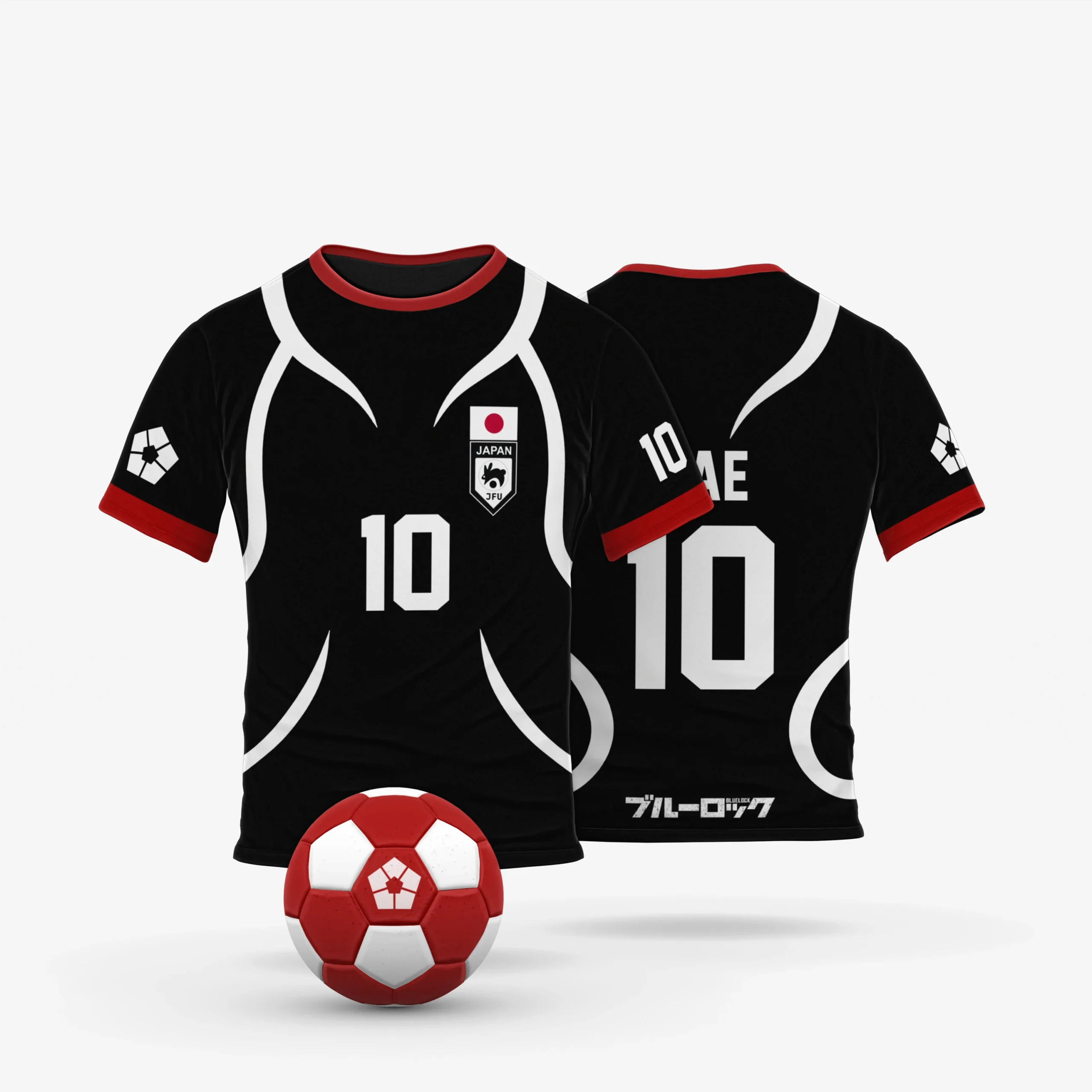 Camisa preta Japão U-20 de Blue Lock com o número 10, frente e costas