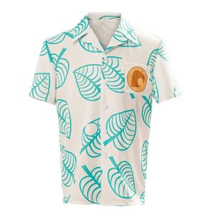 Camisa de botões do Tom Nook, de Animal Crossing, com folhas verde-água e símbolo no bolso