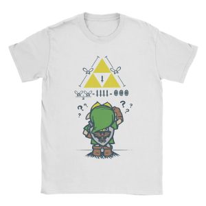 Camiseta branca estampada com Triforce, Link e uma conta cheia de interrogações, A Link to the Math