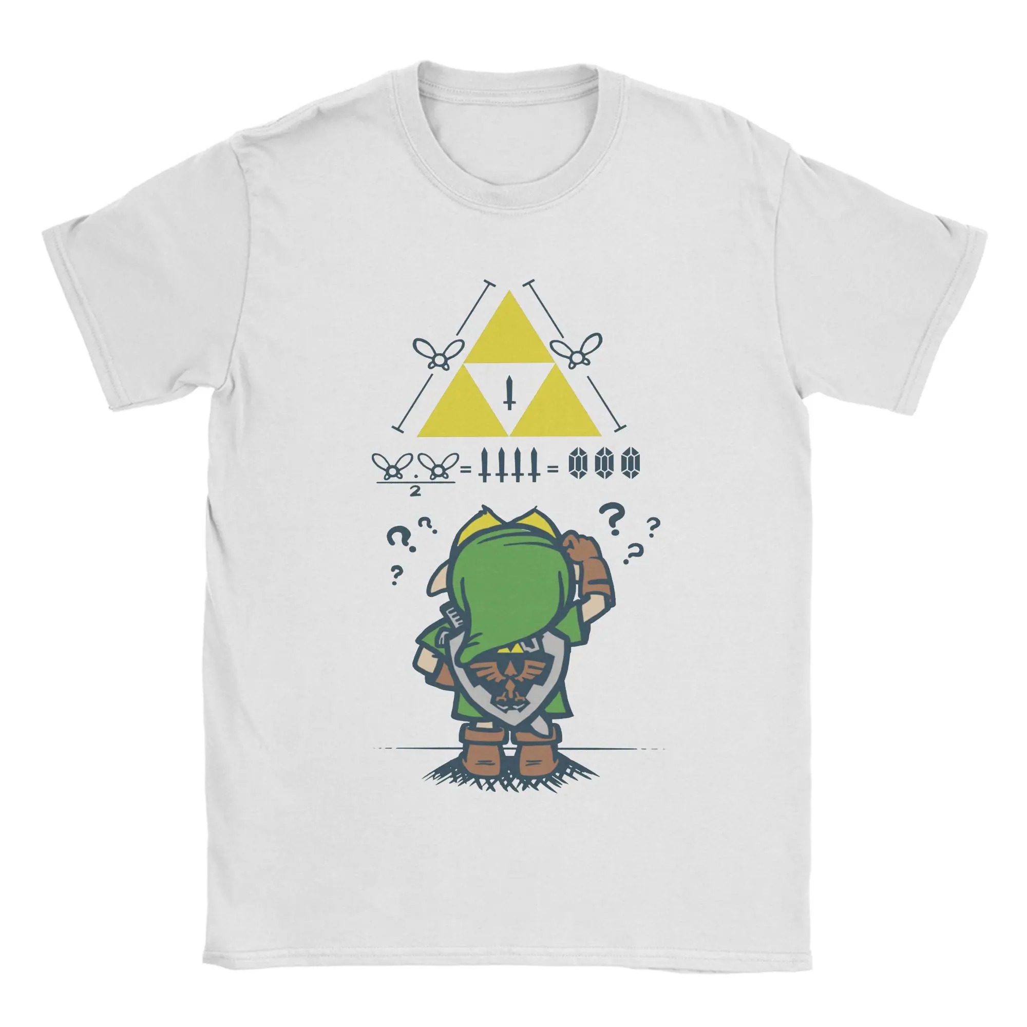 Camiseta branca estampada com Triforce, Link e uma conta cheia de interrogações, A Link to the Math
