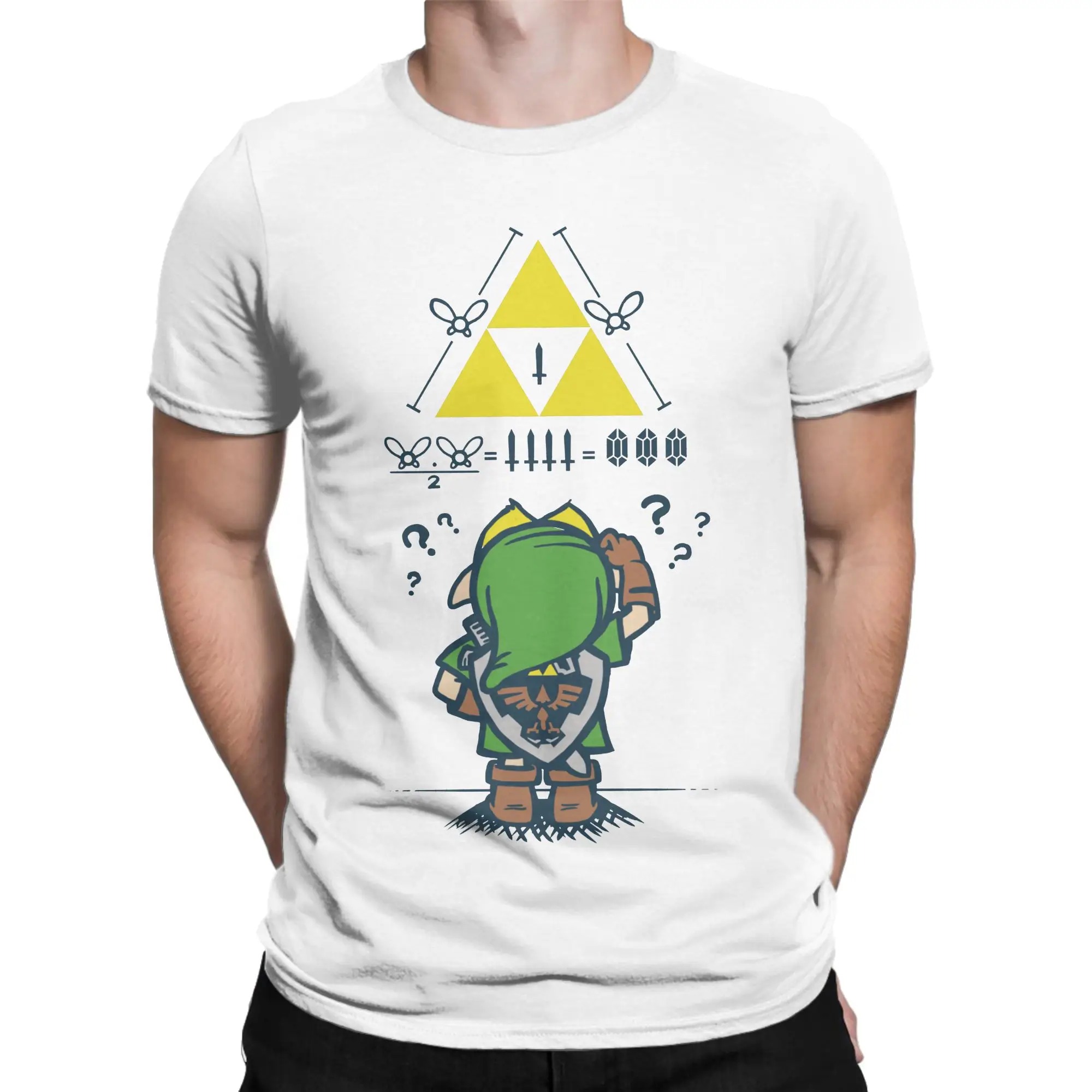 Modelo vestindo a camiseta branca A Link to the Math, de The Legend of Zelda