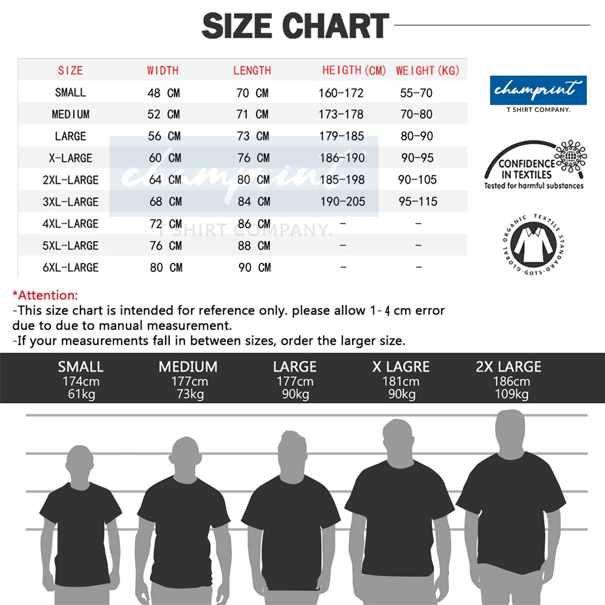 Tabela de medidas da camiseta de Zelda do S ao 6XL, com altura e peso indicados