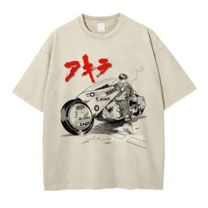 Camiseta bege com a moto de Akira e o logotipo vermelho, vista de frente