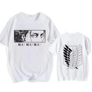 Camiseta branca de Attack on Titan: olhar em quadro e frase japonesa na frente, Asas da Liberdade atrás