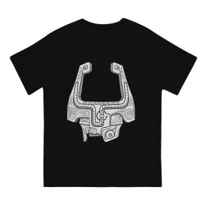 Camiseta preta com o capacete da Midna, de Twilight Princess, em branco e cinza