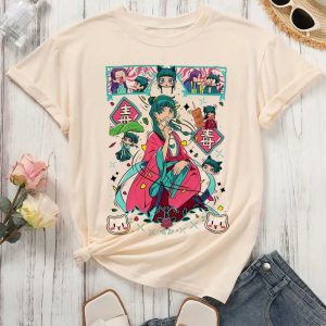 Camiseta bege com a Maomao de quimono vermelho e molduras, de Diários de uma Apotecária